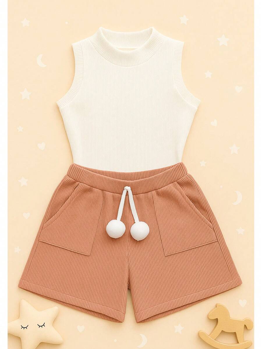 Children's And Youth Set Basic Tank Top + Ribbed Shorts With Pompom Super Stylish 2-Piece Kit For Girls And Teenagers Spring Summer CJI039 - Rosé y Off - Ver 1