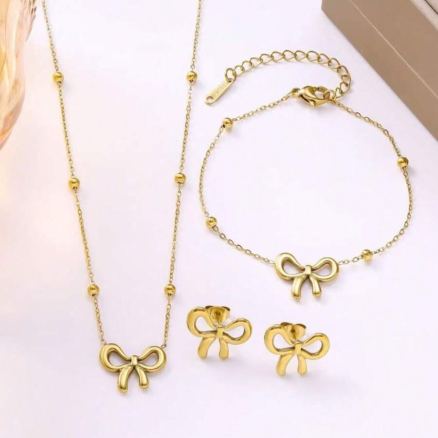 Conjunto de 4 peças de colar com contas de borboleta vazada, pulseira, brincos, joias de aço inoxidável, presente para amigos e namoradas