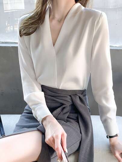 新款 V 领交叉长袖衬衫，女士时尚衬衫，职业工作衬衫，百搭汗衫