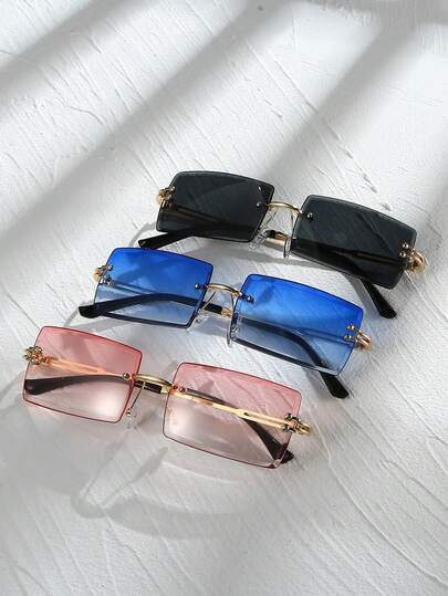 3 件男女通用矩形无框时尚眼镜，适合国际时装周、日常生活、社交聚会、海滩、街头摄影和户外旅行