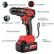 Kit De Taladros eléctrica Inalámbricos Y Esmeriladoras Angular Inalámbrica Wanse Incluye una amplia gama de accesorios 2 baterías De Litio De Alta Capacidad Diseño Ergonómico - Rojo - Ver 2