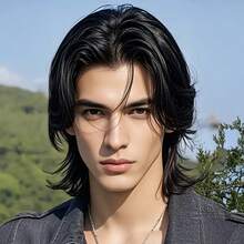 男士假发，适合室内外日常佩戴，中分发型，黑色，耐热透气