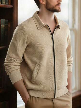 1pc Men's Casual Jacket , Turndown Collar Zip-Up Woven Twill Fabric Top , Fall