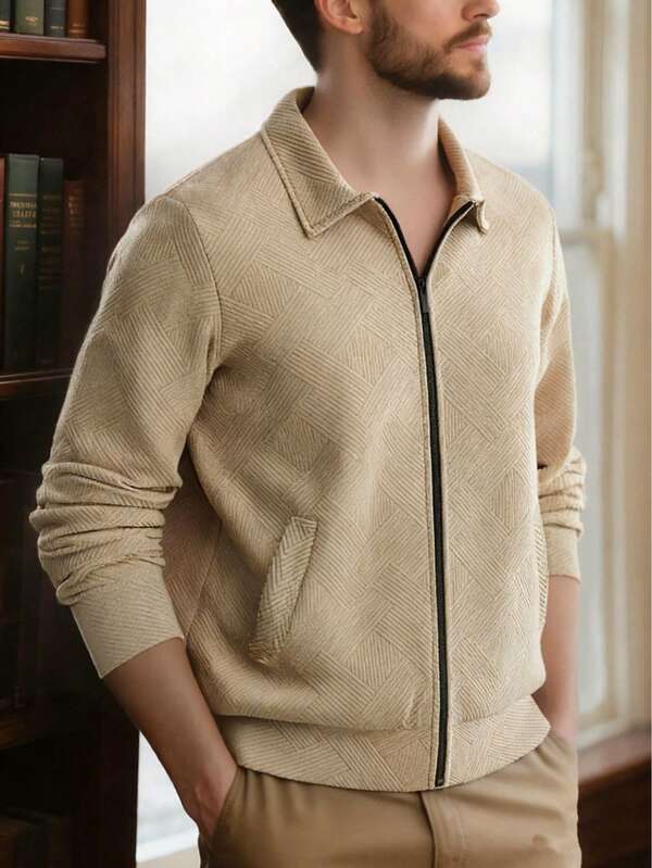 1 Stück Herren Lässig Jacke, Hemdkragen Reißverschluss Gewebe Top, Herbst
