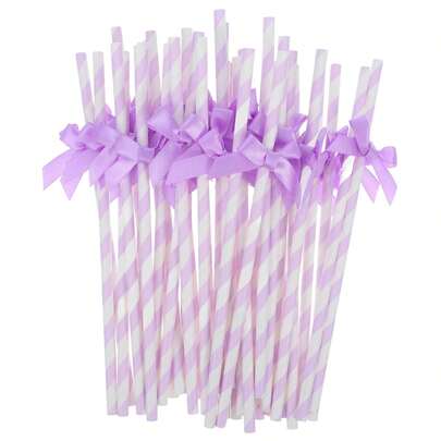 30/50/100pcs Purple Striped Bow Paper Straws With Satin Ribbon Bows, Suitable For Baby Shower, Birthday, Wedding, Bridal, Butterfly Theme Party, Teen Slumber Party, Party Decorations