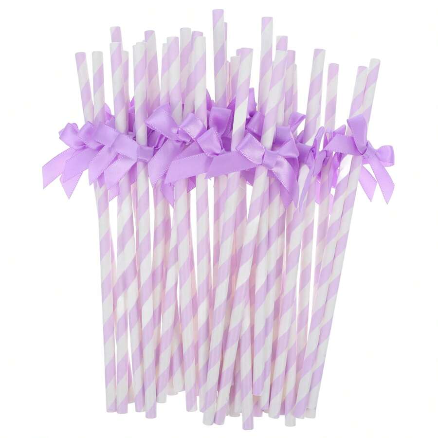 30/50/100 Stück lila gestreifte Papierstrohhalme mit Satinschleifen, geeignet für Babyparty, Geburtstag, Hochzeit, Brautparty, Schmetterlings-Themenparty, Teenager-Übernachtungsparty, Partydekorationen - Violett - Übersicht 1