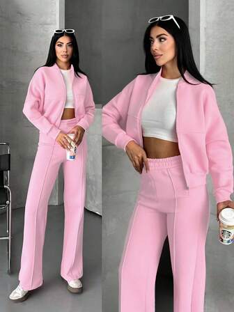 秋冬时尚休闲两件套：棒球领拉链长袖夹克，松紧腰带和口袋，直筒裤