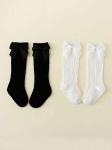 2双装儿童黑白蝴蝶结过膝袜，百搭校园风中筒袜，四季皆宜 - 黑與白 - 查看 8