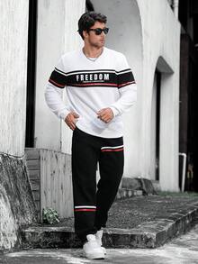 Men's Casual Crewneck Hoodie And Sweatpants Suit, Fashion Sports T-Shirt, Striped Printed Drawstring Sweatpants, Suitable For Outdoor Sports Jogging Casual Outing