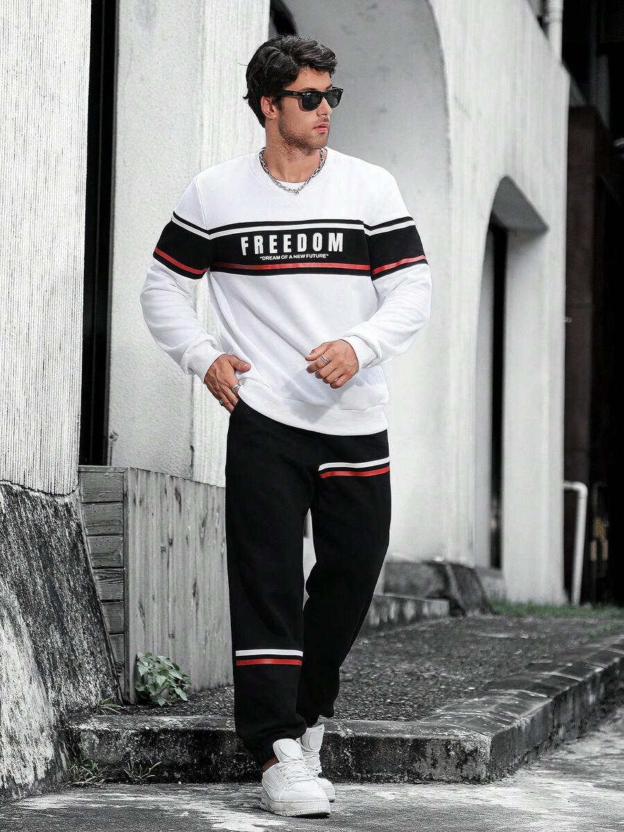 Men's Casual Crewneck Hoodie And Sweatpants Suit, Fashion Sports T-Shirt, Striped Printed Drawstring Sweatpants, Suitable For Outdoor Sports Jogging Casual Outing