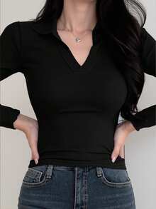 Damen Sportbekleidung Lässig eng anliegendes Polokragen V-Ausschnitt Langarmoberteil, geeignet für Outdoor-Lässig, Laufen, Sport, Yoga und Fitness