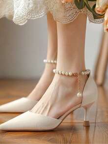 Elegant Pearl Chain Anti-Slip Shoelaces, Exquisite French Single Strap High Heel Shoes Buckle, Non-Slip Heel Chain (Shoes Not Included) - White - View 12