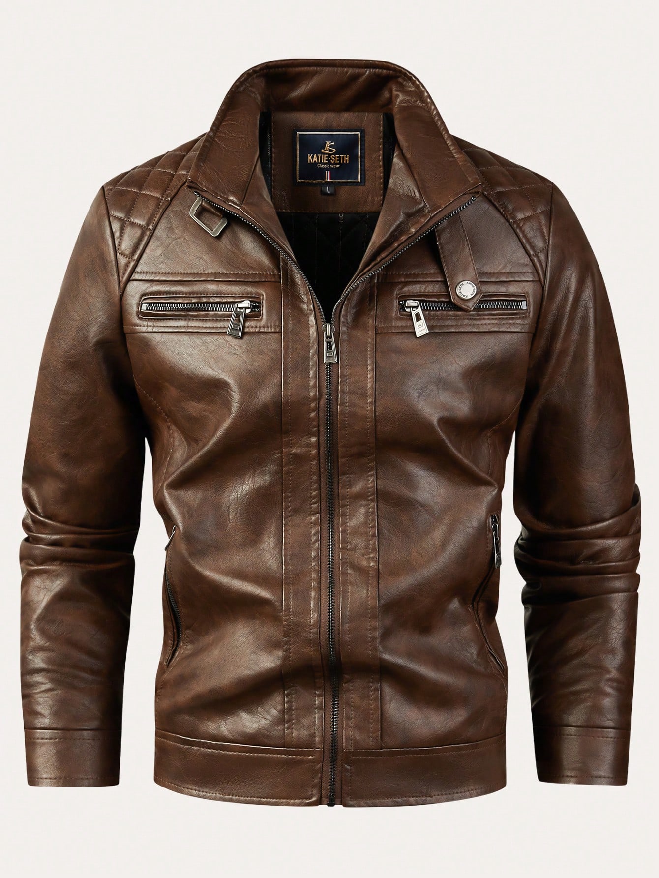 جاكيت جلد صناعي بني للرجال مع طوق مرتفع وكتف مبطن...