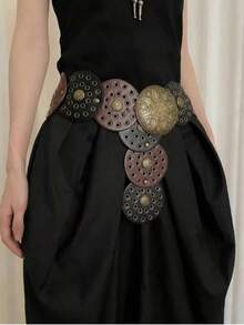 1-Piece Western Cowboy Bohemian Punk Belt Personalized Fashion Accessories Women's Brown Two Circle Eye Round Cake Belt Decoration Bohemian Belt Dress Accessories Suitable For Daily Commuting And Versatile Matching, Friend Gatherings, Vacation Dinners, Dances, Parties, Music Festivals Wearing Matching, Giving Gifts To Friends, Family Gifts, Mother Gifts, Girlfriend Gifts, Birthday Gifts, Valentine's Day Gifts, Mother's Day Gifts