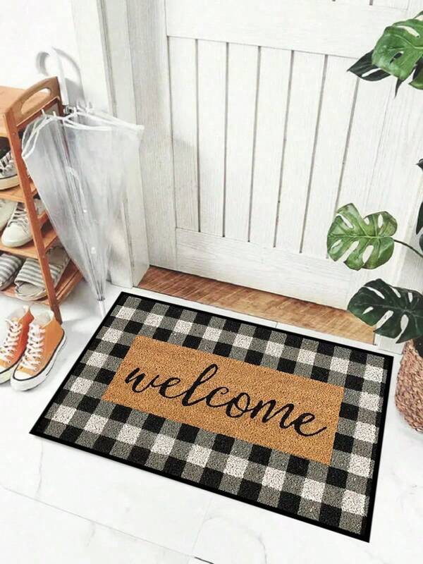 1 Piece Of Minimalist Letter Grid Printed Welcome Door Mat, Anti Slip Carpet, Machine Wash, Absorbent Bath Mat, Suitable For Living Room, Bedroom, Bathroom, Kitchen, Home Decoration, Room Decoration Christmas Decor Kitchen Rug