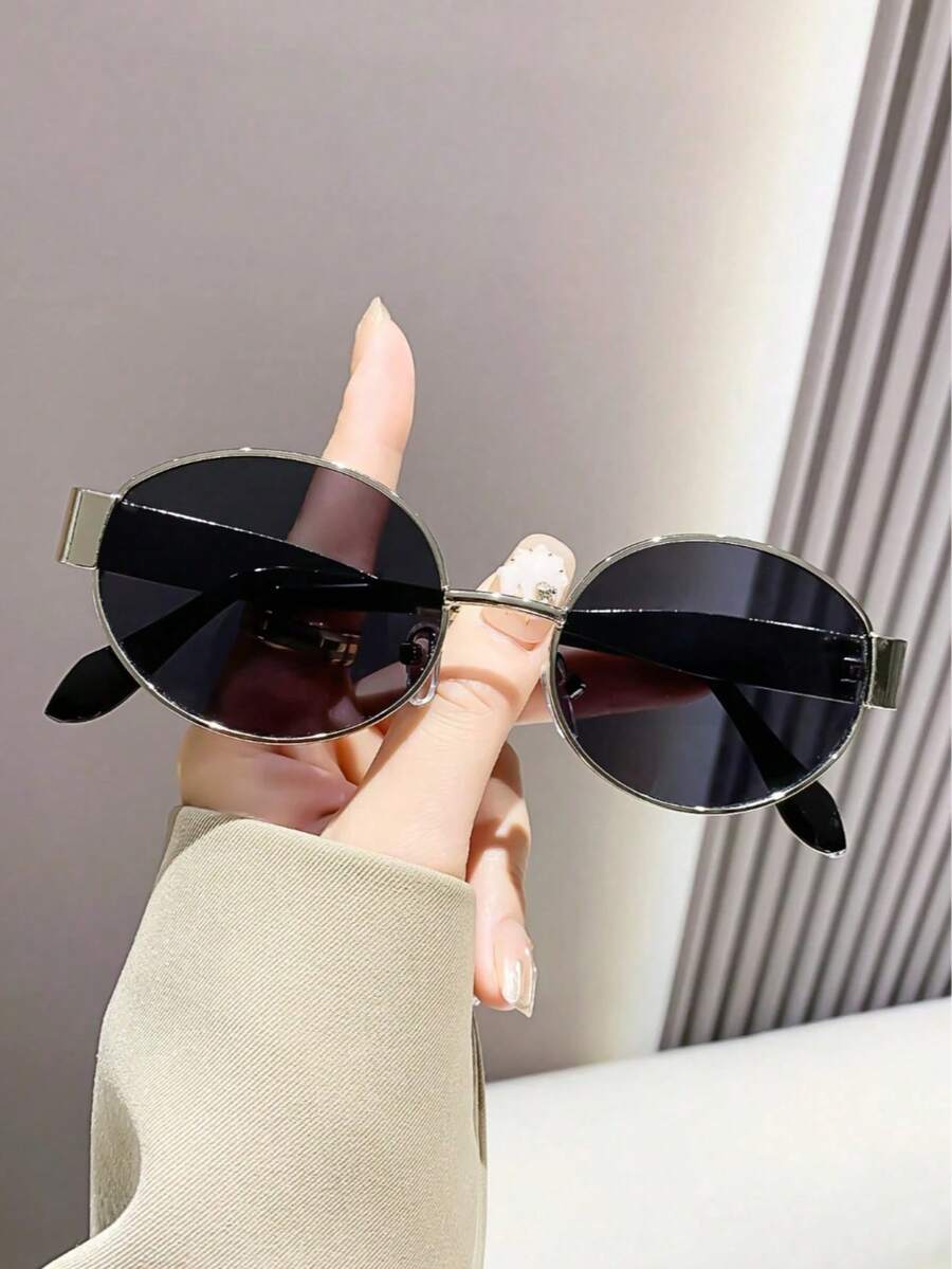 Retro Oval Fashion Metal Glasses, Classic Design For Outdoor, Travel, Beach, Casual, Summer Sun Protection, Preppy Style For Back To School, Shield Shape - Silver - View 1