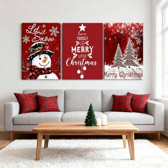 3 Parça Mutlu Noeller Duvar Sanatı Seti - Kardan Adam ve Ağaç Şenlikli Kanvas Baskılar, Ahşap Çerçeveli Tatil Dekoru Oturma Odası, Yatak Odası, Yemek Odası İçin - İç ve Dış Mekan Mevsimlik Sanat Eserleri, Tuval Üzerine Mürekkep