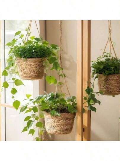 1pc Handwoven Straw Planter Basket, Wicker Plant Pot Cover For Home, Living Room Decor