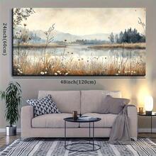 2D Flat, Vintage Farmhouse Wall Art - Autumn Landscape Painting With Beige, Brown, Teal & Orange Hues - Wrapped Canvas Framed Decor For Living Room, Bedroom, Bathroom - Ready-To-Hang Country Cottage Decoration, Rustic Charm, Handcrafted Feel, Decorat - 彩色 - 查看 2