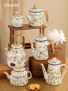 1 buc cafetieră emailată, fierbător, fierbător cu model floral, cafetieră de mare capacitate de 1,2 l, cafetieră cu mâner, cafetieră cu gură îngustă, oală de fierbere, oală de fierbere acasă, ceainic, potrivit pentru aragaz electric, prepararea cafelei sau a ceaiului pe gaz