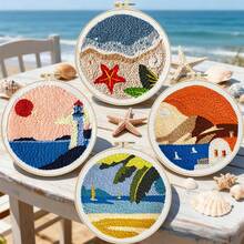 Ocean Series Punch Embroidery DIY Beginner Kit - Easily Create Seagull Sunset Decorative Painting | Includes Flocking Pen + Full Tool Set | With Video Tutorial | Healing Home Decor Creative Handicraft