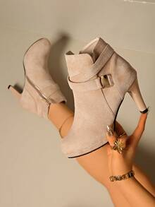 欧美新款秋冬细跟踝靴侧拉链高跟短靴时尚靴子尖头高跟靴冬季新款性感圆头靴简约高跟女靴 - 杏色 - 查看 3