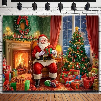 1 pieza Pancarta de fondo de Navidad, fondo de color brillante, con Papá Noel, caja de regalo, diseño de árbol de Navidad y chimenea, adecuado para fiesta de Navidad - Año Nuevo - decoración temática, adecuado para decoración de pared del hogar, decoración de invierno, fondo de foto y fotografía.