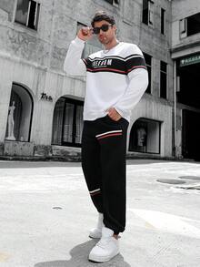 Men's Casual Crewneck Hoodie And Sweatpants Suit, Fashion Sports T-Shirt, Striped Printed Drawstring Sweatpants, Suitable For Outdoor Sports Jogging Casual Outing