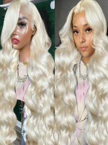 Platinum Blonde Colored Body Wave Lace Front Wigs Human Hair With Baby Hair 13x6 HD Transparent Wet And Wave Human Hair Wig For Women 250 Density Water Wave Glueless Wigs Human Hair Pre Plucked Bleached Knots - 米色 - 查看 7