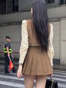 Autumn Women's Korean Drama College Style Suits, Small British Suit Vest Shirt Pleated Skirt JK Uniform - 咖色馬甲+裙子 - 查看 6