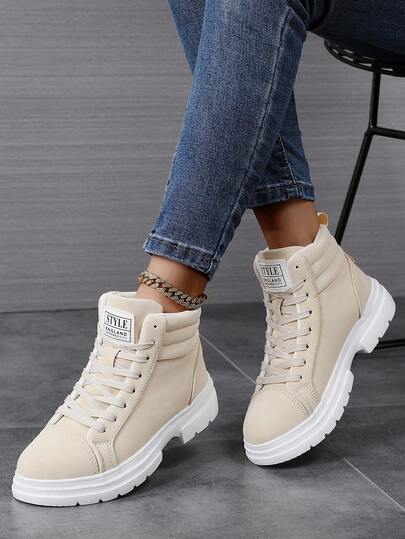 Stivali alla caviglia da donna per uso esterno, con texture in camoscio, comfort casual, stivali di moda a tinta unita, adatti per autunno/inverno, tutto l'anno, antiscivolo, punta tonda, stile retrò, stringati, scarpe da donna