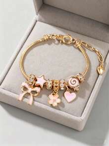 1pc Women's Adjustable Bracelet Set With Pool Ball, Heart, Flowers, Star, Cross Charms, Leopard Print & Time Charms For Women Party Jewelry Gift Valentines,Mom,Mother,Mother's Day,Gift - Pink - View 2