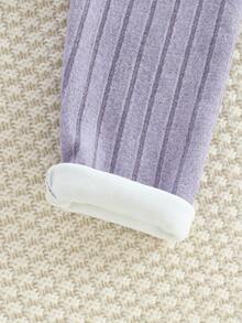 2 piezas Conjunto de pijama para niñas, parte superior de cuello alto de manga larga con forro térmico de unicolor y a rayas, y pantalón largo casual, otoño/invierno