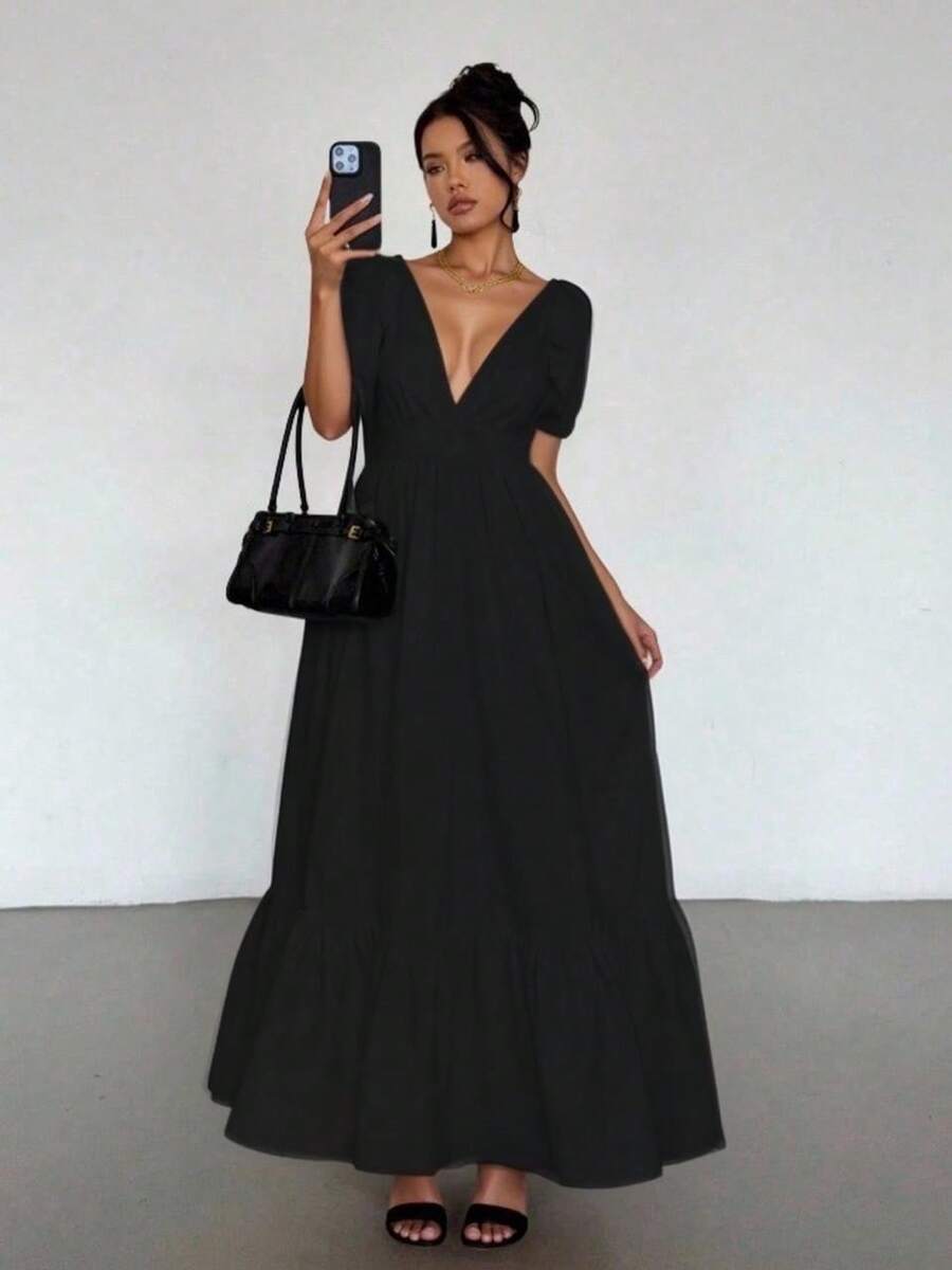 Maxi Vestido de Tirantes Ajustable con Escote en V o Pico Profundo, con Volante en el Bajo Casual para Mujer - Negro - Ver 1