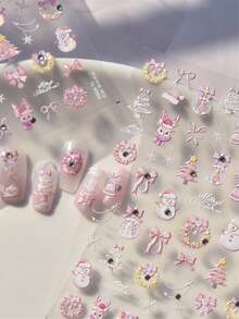 Pegatinas de arte de uñas de Navidad con muñeco de nieve rosa, lazo, árbol, patín de hielo, campana, reno y corona con cristales de strass 5D para decoración festiva de uñas largas y cortas de mujeres en Navidad