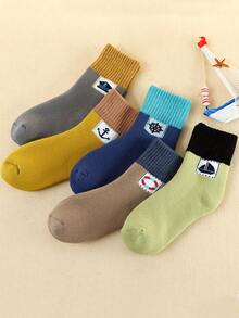 5 双儿童厚款保暖内衬锚形图案中筒保暖袜，秋冬款