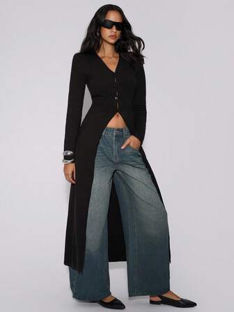 TypaGal 女士秋冬休闲运动时尚现代外出优雅性感黑色时尚超长开衫，适合散步，长袖上衣基本款