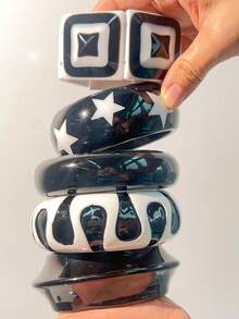 1pc Punk Style Black & White Contrast Resin Bracelet, Multi-Element Rivet Design With Star Decor, Asymmetric Round Jewelry Fashion Gift For Women, Suitable For Daily Wear - Multicolor - View 11