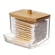 حامل أعواد القطن من الأكريليك مع غطاء من البامبو، موزع أعواد القطن الصغيرة الشفافة، حامل أعواد الأذن، حاوية تخزين أعواد الأسنان، منظم تخزين ديكوري لسطح الحمام، مجموعة غرفة النوم