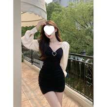 Dress Women's Fake Two-Piece Tight Waist V-Neck Long Sleeve Skirt 2025 Autumn New Style Hip-Covering Bottoming Short Skirt - 圖片色 - 查看 4