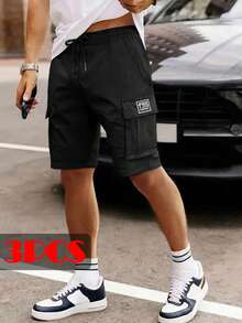3-Pack Men's Multi-Pocket Cargo Shorts - Stylish Outdoor Casual Wear, Polyester Fabric, Drawstring Waist, Perfect For Everyday Use, Casual Outdoor Shorts | Casual Cargo Shorts | Smooth Textured Shorts - xanh+xám+đen - Xem 3