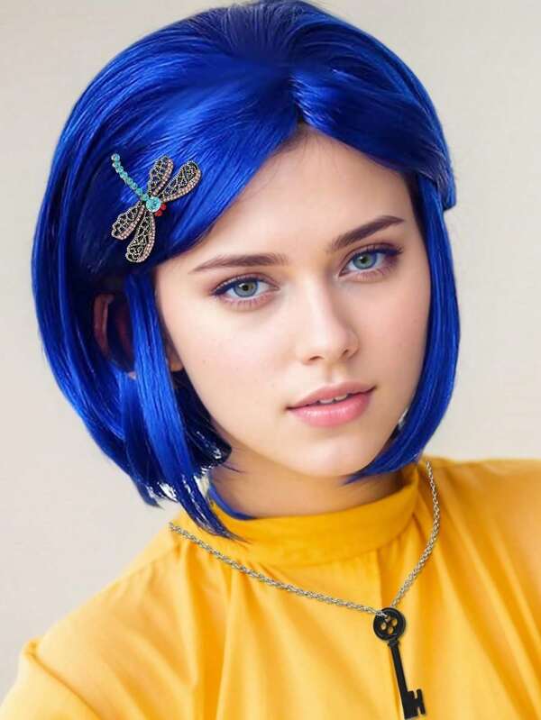 2pcs (Wig + Hair Clip) Short Straight Blue Bob Wig With Bangs, With Dragonfly Hair Clip, Suitable For Women. Heat-Resistant Synthetic Hair, With Bangs Wig, Suitable For Daily, Party, School Costumes. Women's Cartoon Character Anime Cosplay Wig, Suitable For Holidays Like Thanksgiving, Birthday. Suitable For Halloween, Carnival, Comic Con, Christmas Decoration