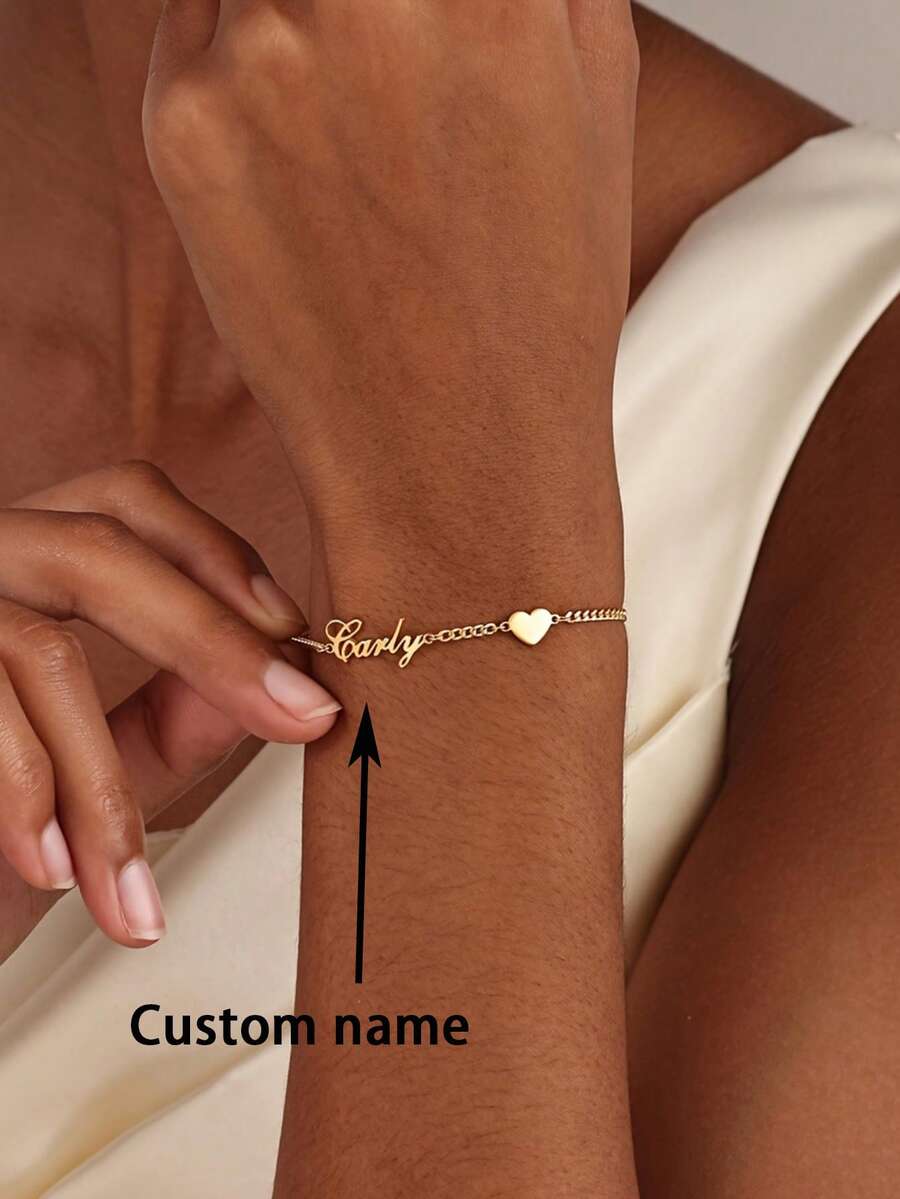 1 pièce Bracelet personnalisé en forme de cœur avec nom, en acier inoxydable, chaîne cubaine, bracelet pour femme, cadeau pour petite amie, Noël, Saint-Valentin - Multicolore - Voir 1