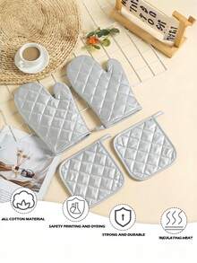 4 قطع مجموعة قفازات فرن وحصيرة عزل ذات لون واحد مقاومة للحرارة لخبز وطهي القفازات مقاومة للحرارة لفرن الميكروويف والحصيرة