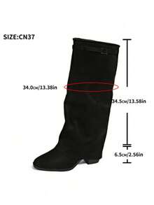 Black Striped Buckle Shaft Boots, High Chunky Heel Round Toe Slip-On, Versatile Elegant Boots For Vacation, Mid-Calf Boots, Fall, Winter, Autumn, Party, Music Festival,Knee High Boots - Black - View 10