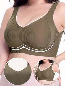 1pc Women's Wireless Bra, Lightweight Lift & Support Design, Deep V-Neck, Suitable For Elegant Sleepwear And Everyday Wear, Soft & Skin-Friendly - Khaki - View 5