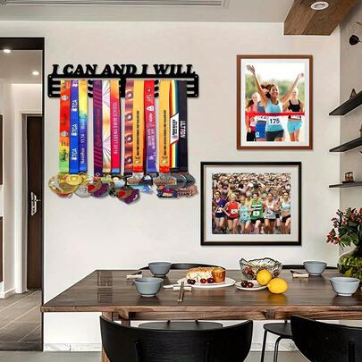 1 pieza Soporte de exhibición de medalla de metal "Puedo, lo haré" - Decorativo de 15.74 pulgadas, adecuado para colgar medallas, cintas y sombreros - Decoración duradera para salas de estar, oficinas y tribunales - Regalo perfecto para atletas y triunfadores, decoración inspiradora | Estructura resistente, soporte de exhibición de ganchos para medallas