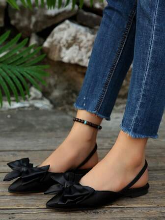 Black Backstrap Mule Flats, Pointed Toe Bow Decor Loafers, New Spring/Autumn Office Commute Elegant Versatile Hollow Design Women Flat Shoes