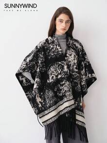 1 件女士风景印花涤纶休闲保暖厚披肩，适合秋冬季日常使用 - 黑色 - 查看 6