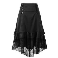 Vintage Gothic High Waist Skirt For Women, Victorian Steampunk Lace Asymmetrical Ruffle Hem Midi Skirt, Sexy Cosplay Renaissance Party Outfit, Punk Festival Dance Skirt, Y2K Alternative Fashion Clothing - 黑色 - 查看 4